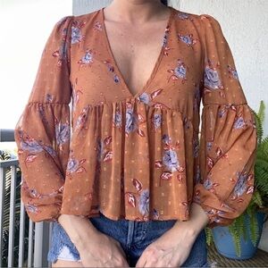 Brown Sheer Floral Boho Blouse Top